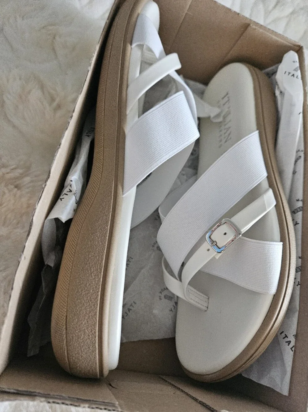Italian Shoemakers White and Tan Crisscross Platform Sandals